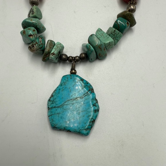 Southwestern Boho Turquoise Stone Pendant Necklace Artisan Leather Cord - Picture 2 of 6